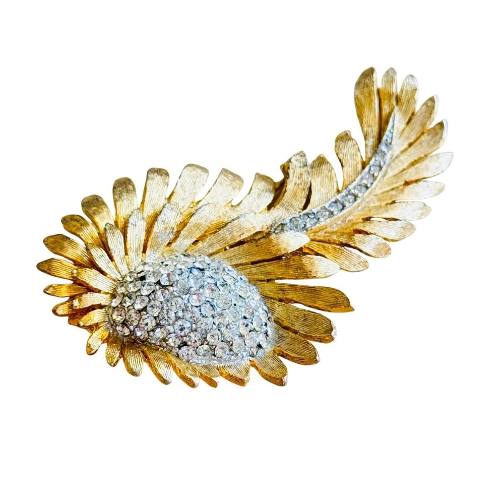 Whimsical Feather Rhinestone Brooch Pin VTG Satin Gold Pave Wave Leaf 1950s
